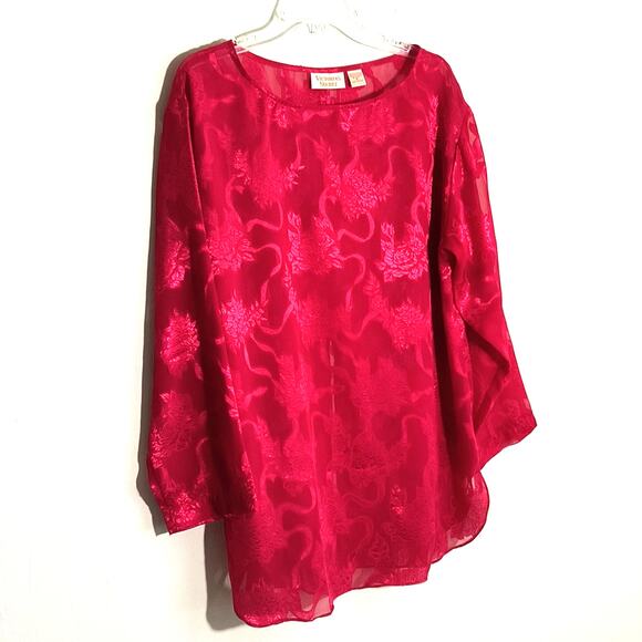 VICTORIA’S SECRET Tunic Top Women's Sz M Red  Sheer Chiffon Long Sleeve Vintage - Picture 3 of 11